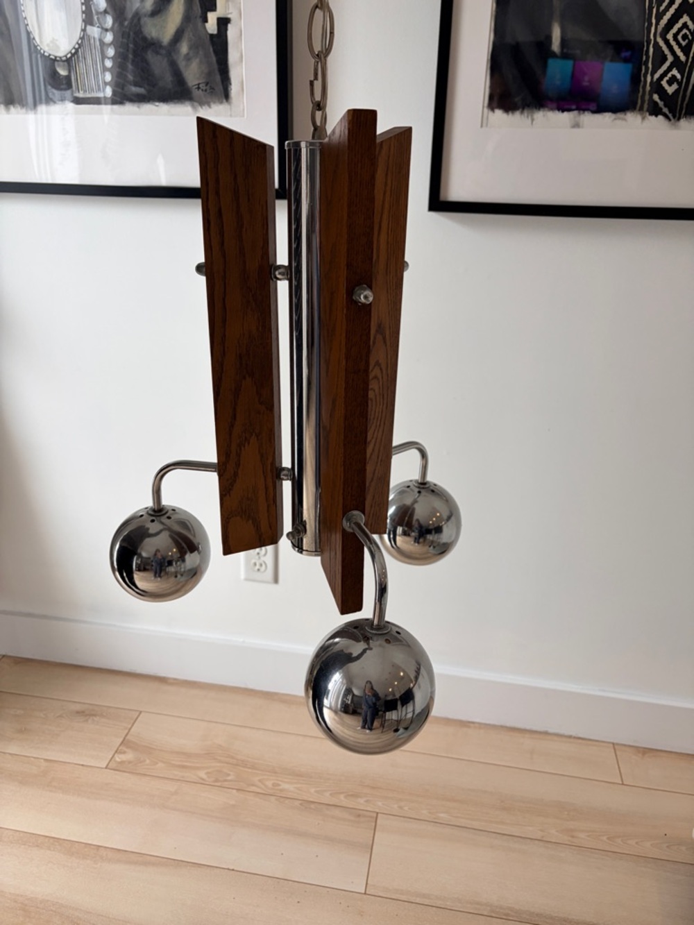 Mid-Century Wood and Chrome Hanging lamp